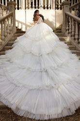 Off the Shoulder White Tulle Ruffles Luxury Wedding Dress